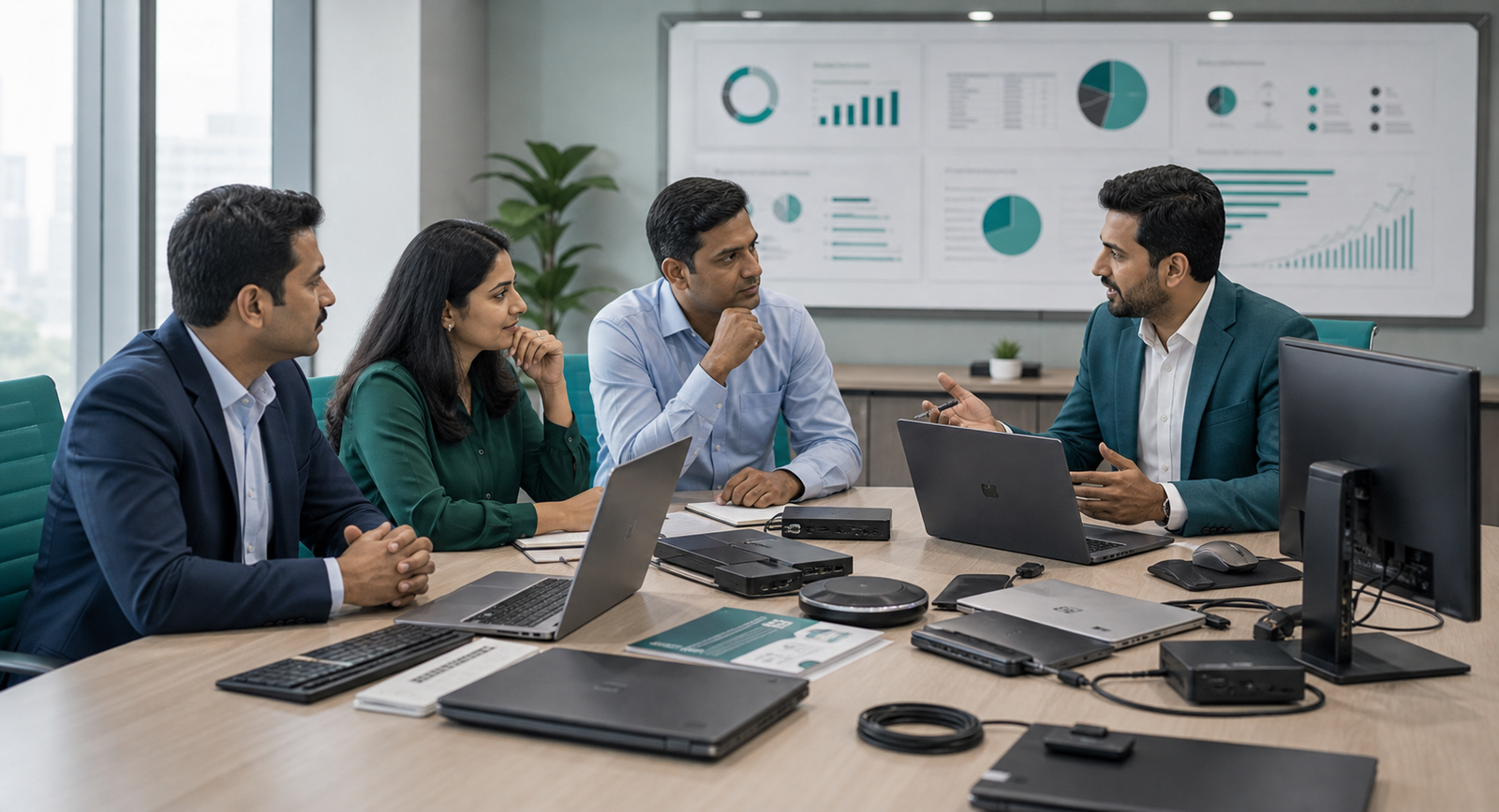 Indian procurement finance and IT leaders reviewing business technology requirements with TechGuide consultant
