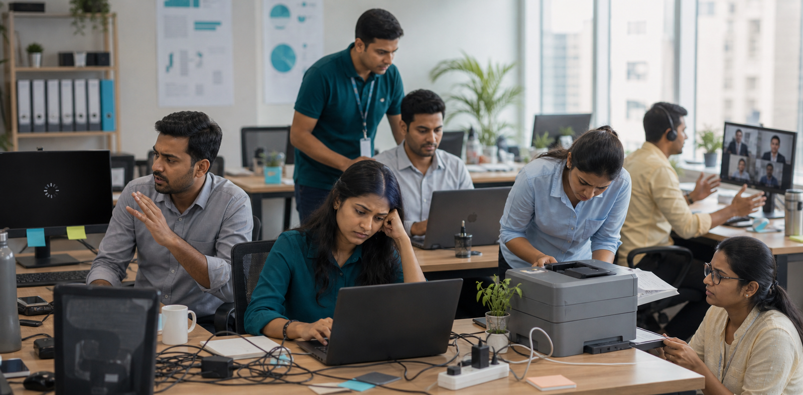 Indian office team dealing with slow laptops charger sharing printer problems and recurring IT complaints