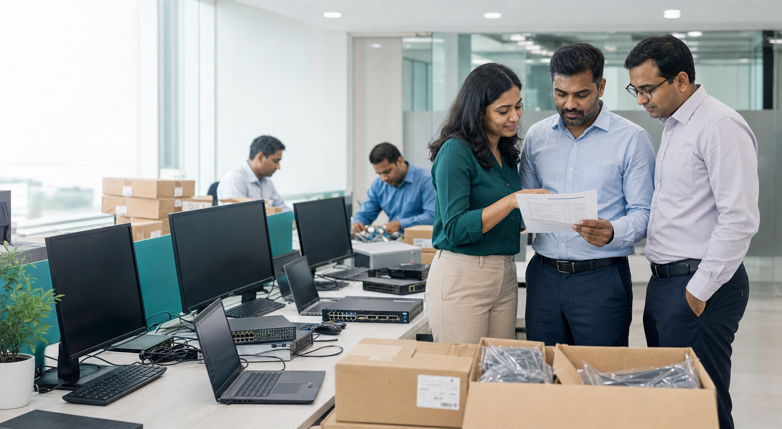 Indian office team using role-specific business laptops desktops and workstations for finance sales design development and executive work