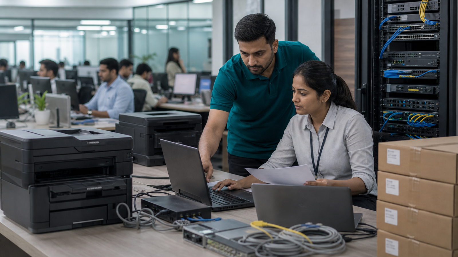 Indian business leaders and IT team planning corporate laptop procurement, office computers and networking rollout