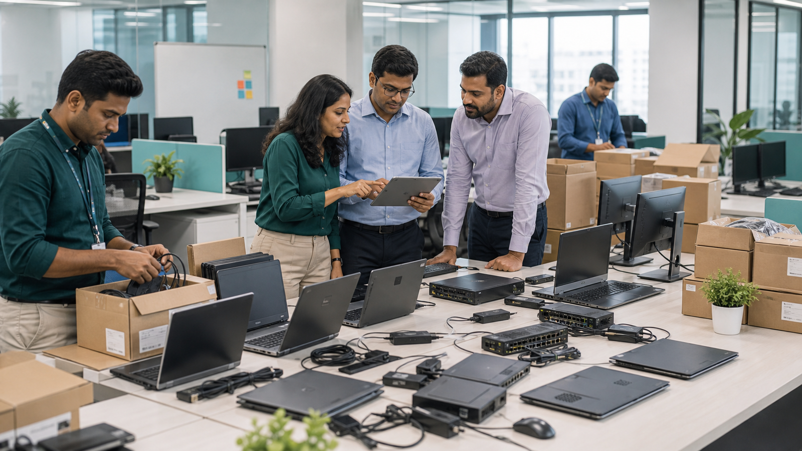 Indian IT procurement team preparing business laptops desktops accessories networking and office technology for deployment