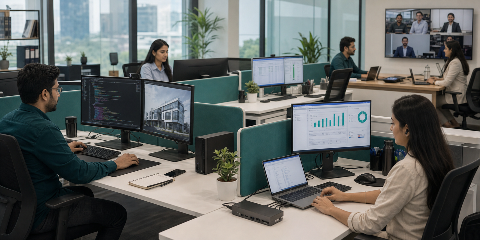 Indian professionals using high performance workstations dual monitors docking stations and productivity hardware