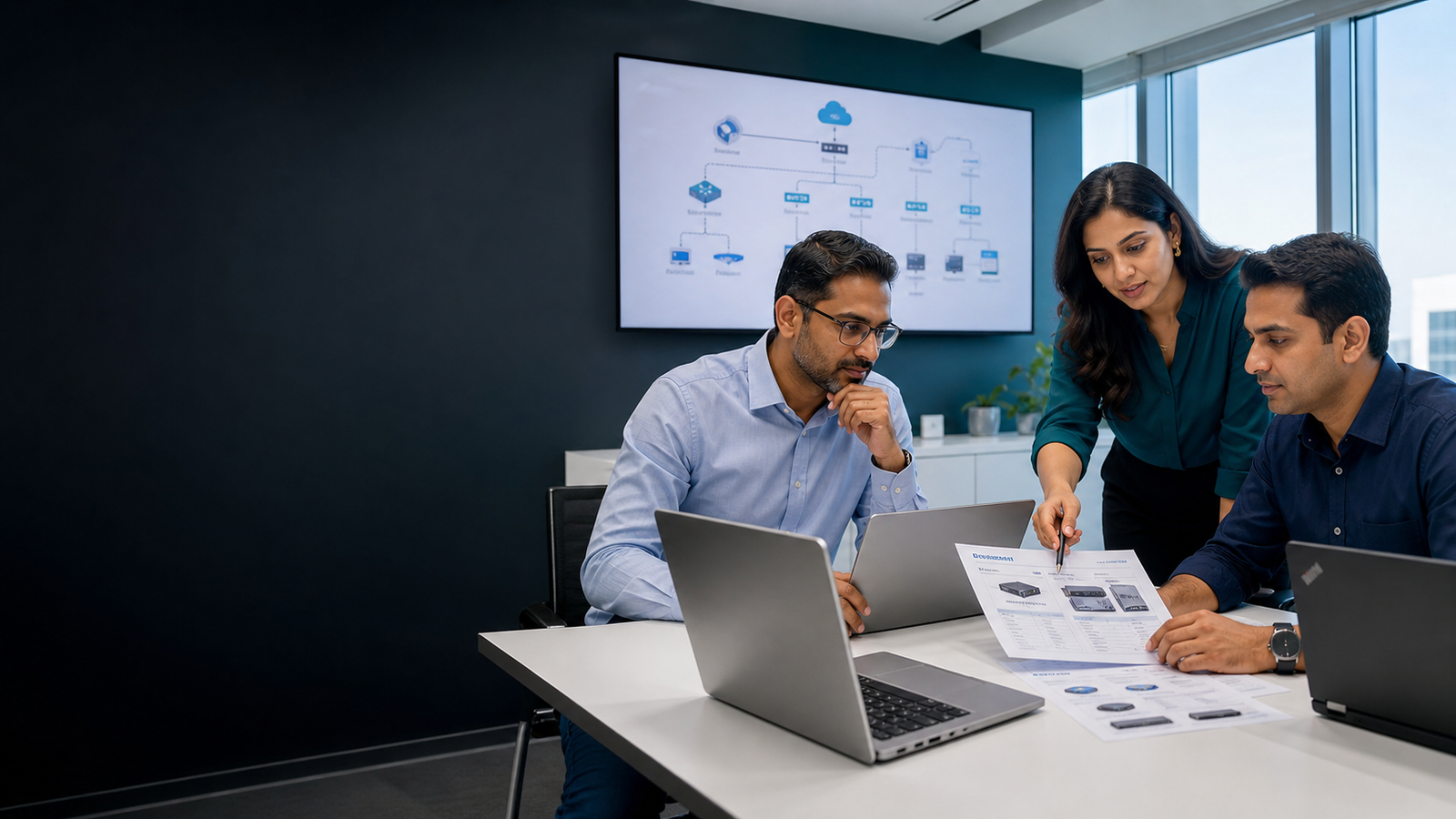 Indian corporate team reviewing laptop configurations and IT procurement requirements