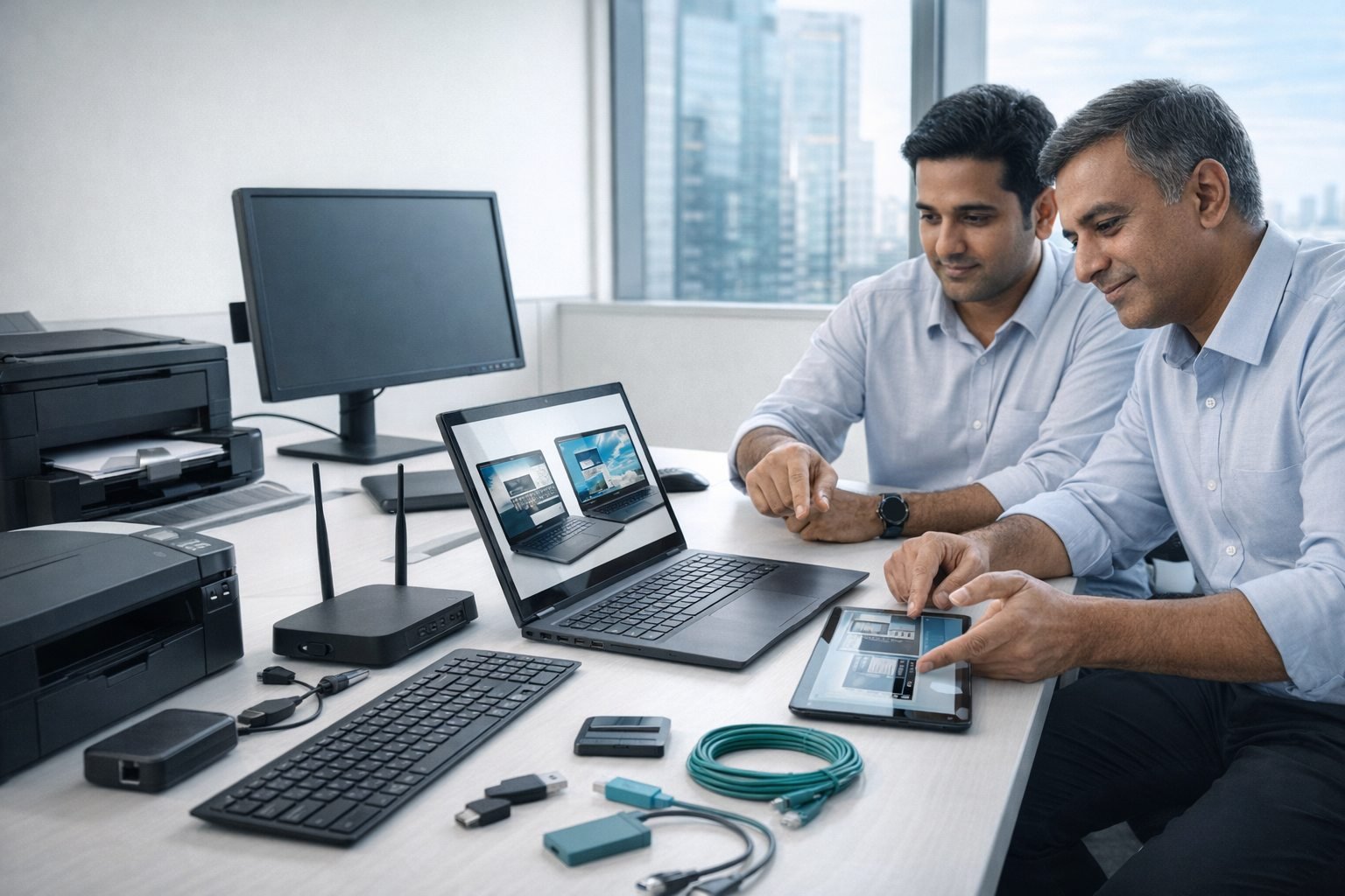 TechGuide team staging business laptops desktops and office hardware for a growing company rollout