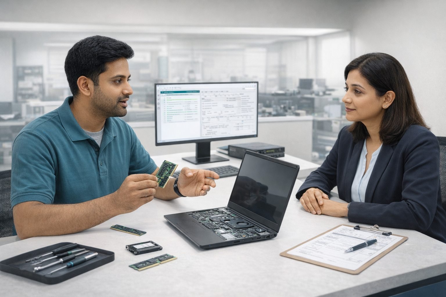 Business leaders and IT support team resolving device readiness and office setup delays before deployment