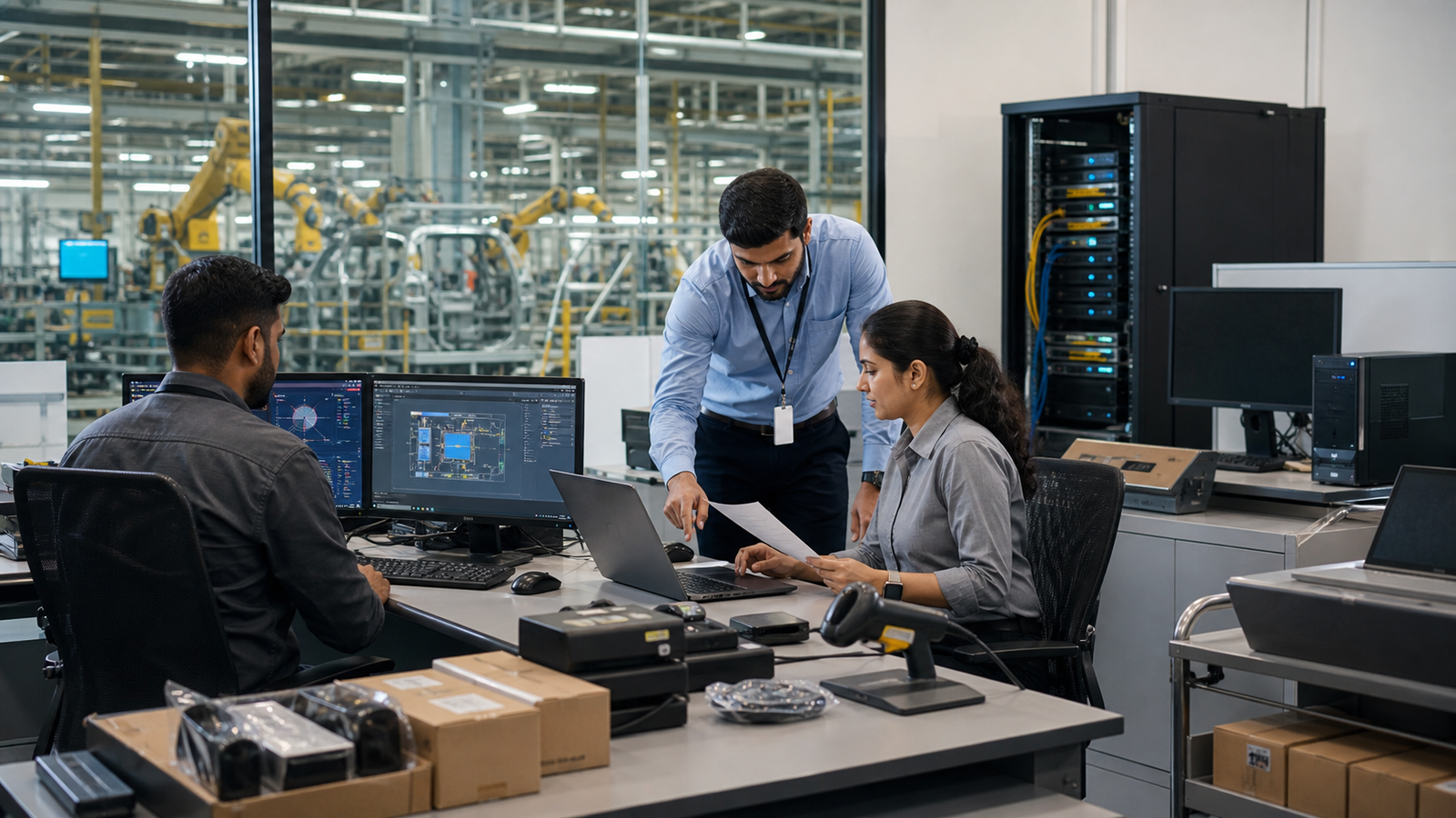 Automotive manufacturing team planning plant, office and business IT hardware deployment
