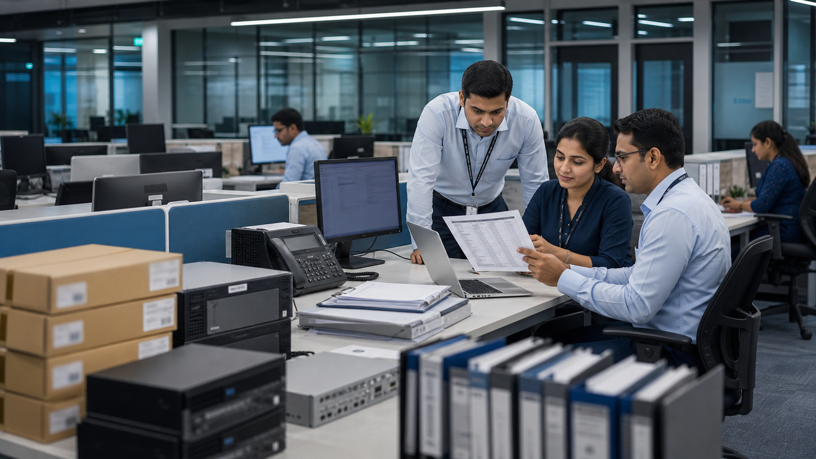Banking and financial services team reviewing office laptops, procurement records and warranty documents