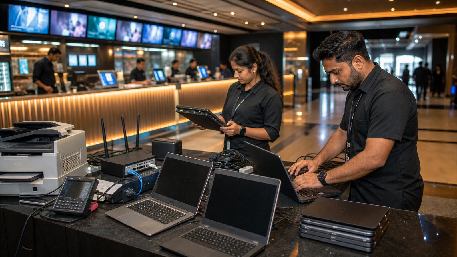Entertainment venue team managing office technology devices and service continuity