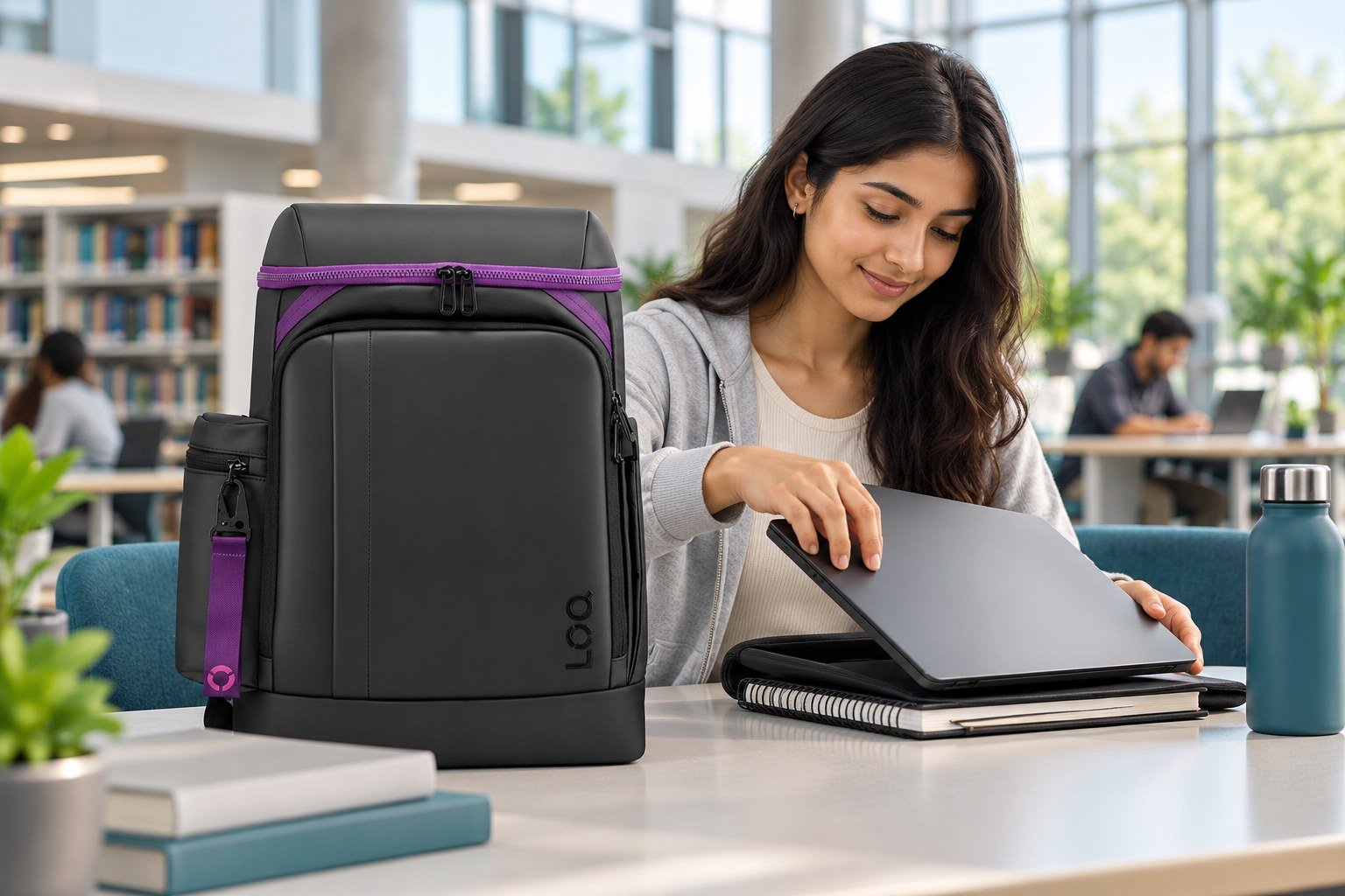 Illustrative scene of an Indian student packing a laptop beside the Lenovo LOQ GB300 backpack