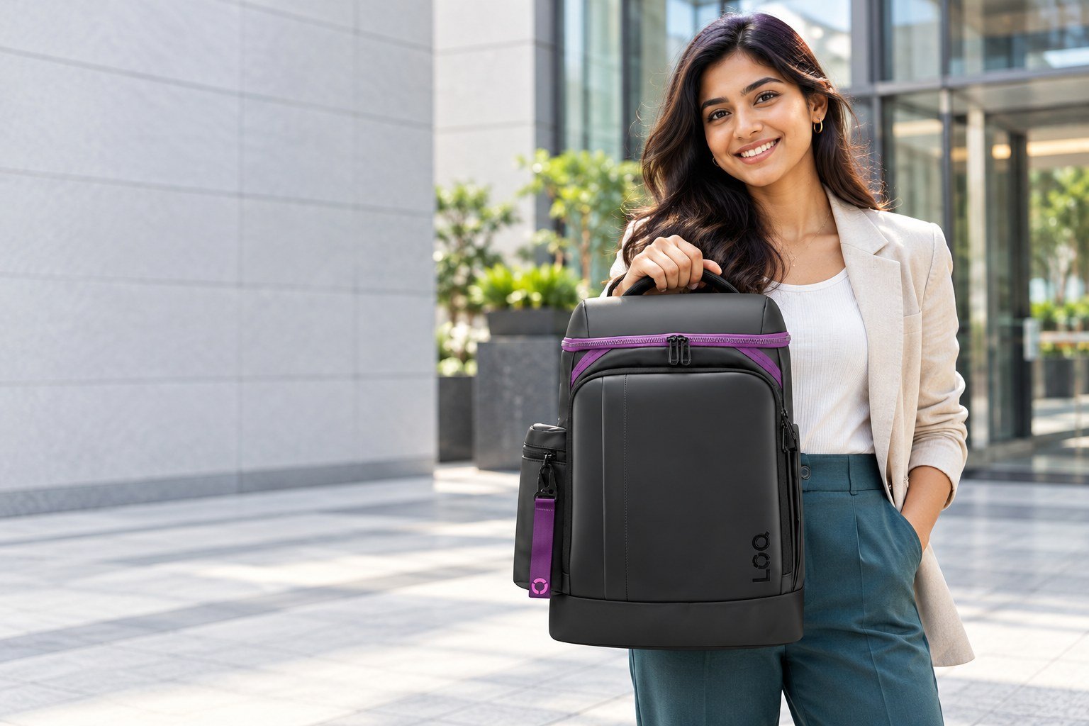 Illustrative scene of an Indian professional carrying the Lenovo LOQ GB300 backpack outside an office