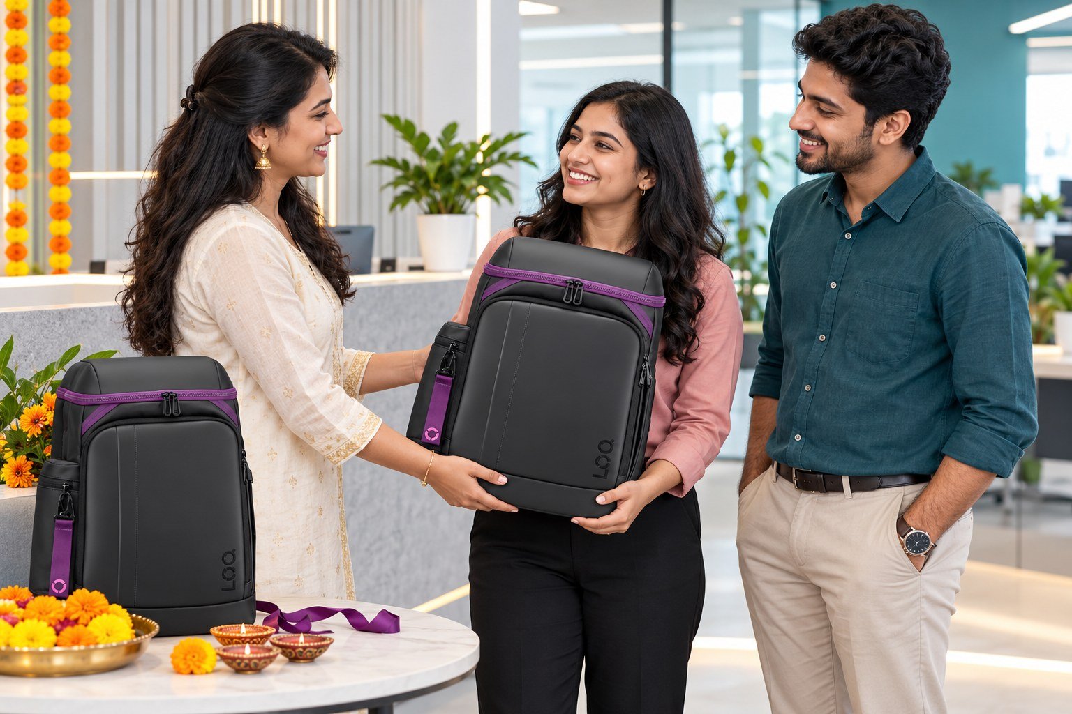 Full illustrative Diwali gifting scene showing three Indian colleagues and two Lenovo LOQ GB300 backpacks