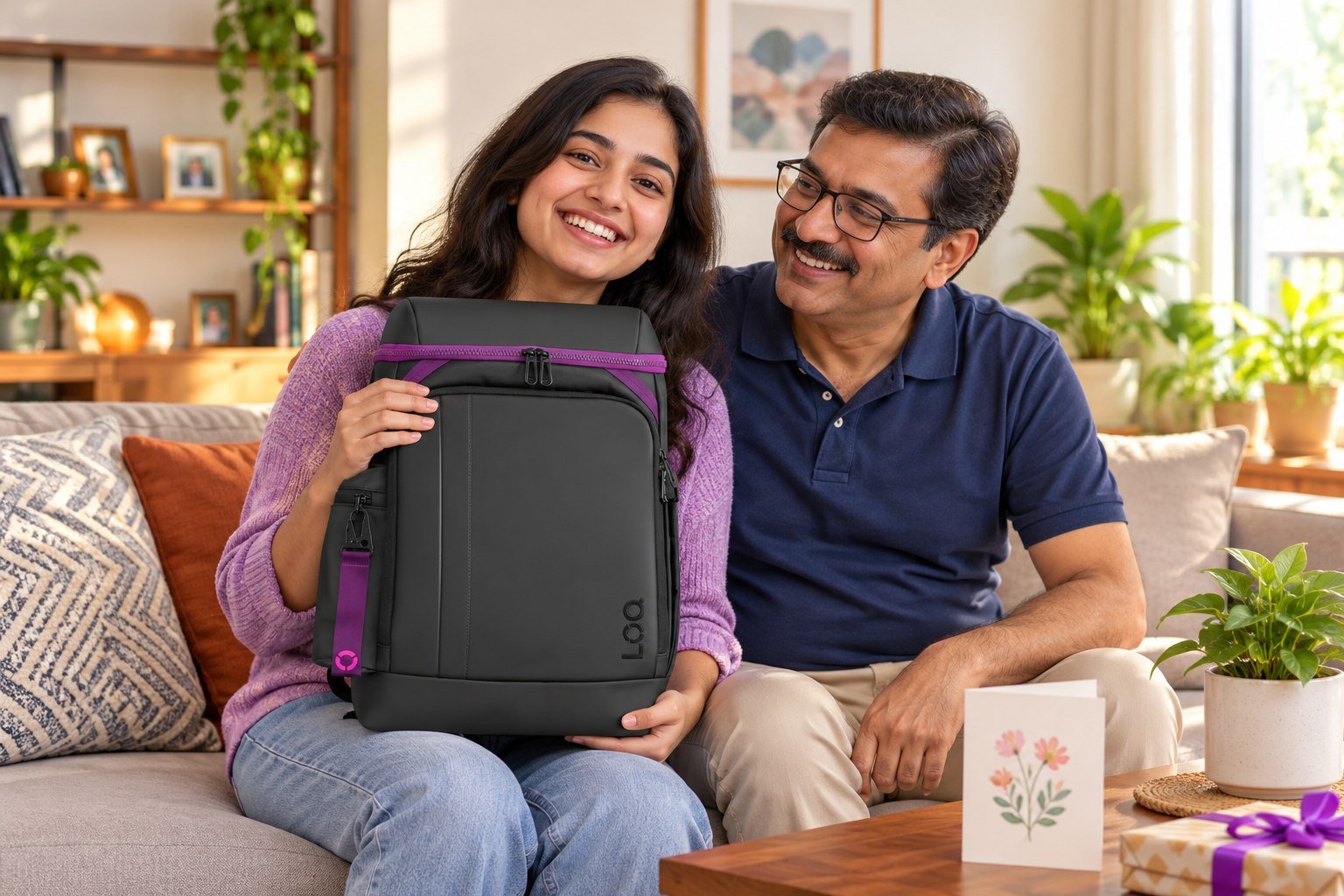 Illustrative father and daughter celebrating her first job with a Lenovo LOQ backpack