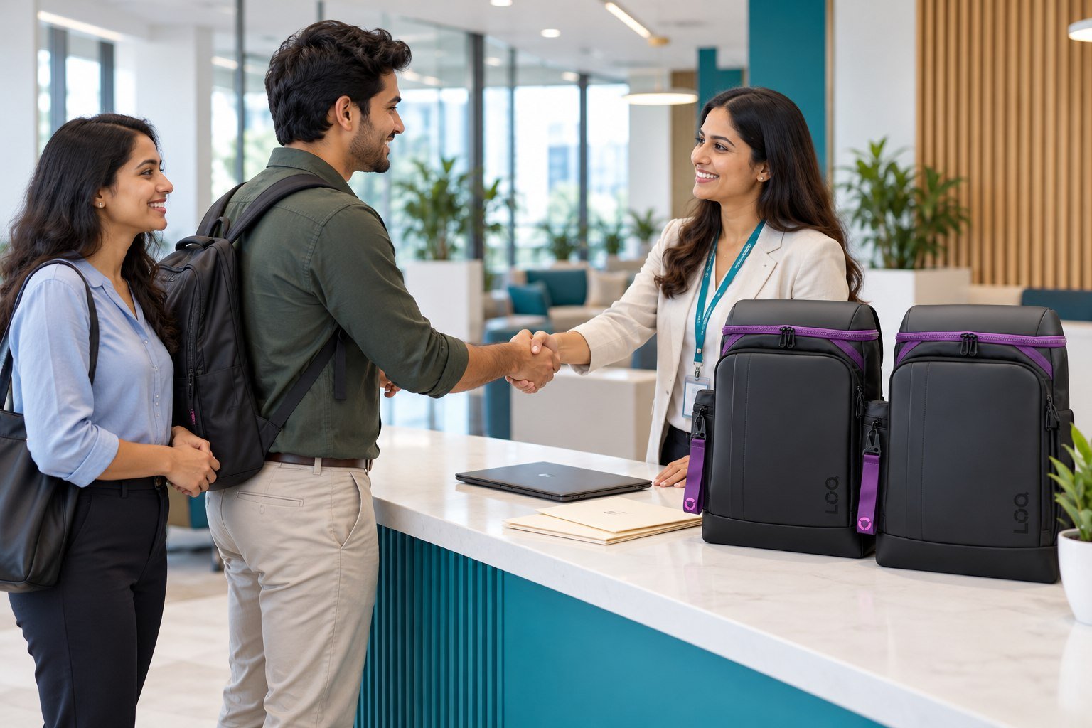 Illustrative employee welcome at an office with Lenovo LOQ backpacks on the reception counter