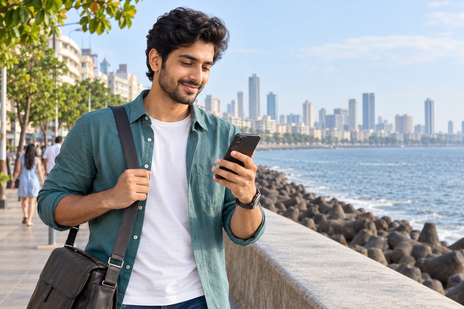 An Indian professional using a smartphone while out in Mumbai